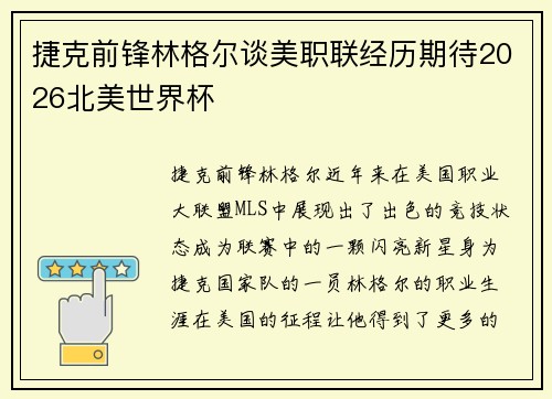 捷克前锋林格尔谈美职联经历期待2026北美世界杯